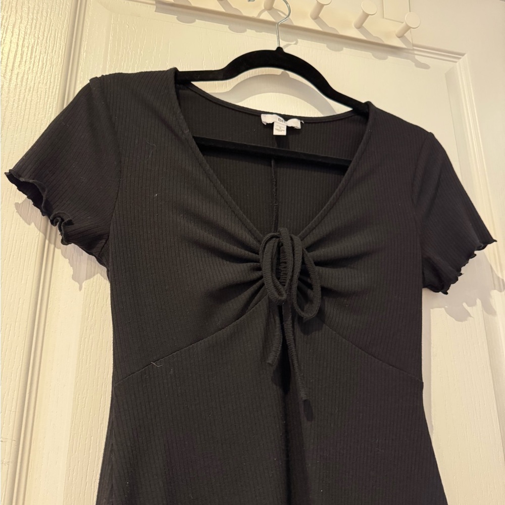 Black Tie-Front Ribbed Mini T-Shirt Dresss
